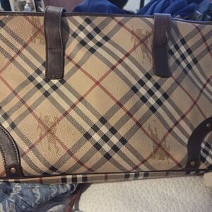 Burberry Beige Check Canvas Messenger Bag with Brown Trim
